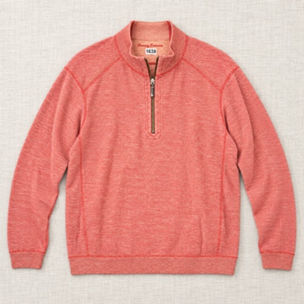 Tommy Bahama Quarter Zip Sweater Mens XL Orange Waffle Knit Cotton Tencel